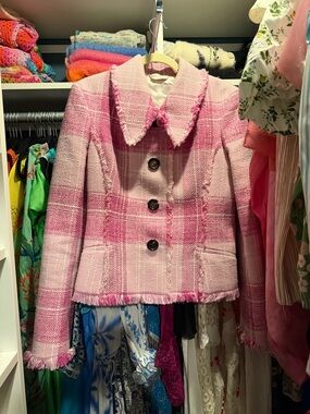 Marina Moscone pink tweed boucle plaid jacket blazer